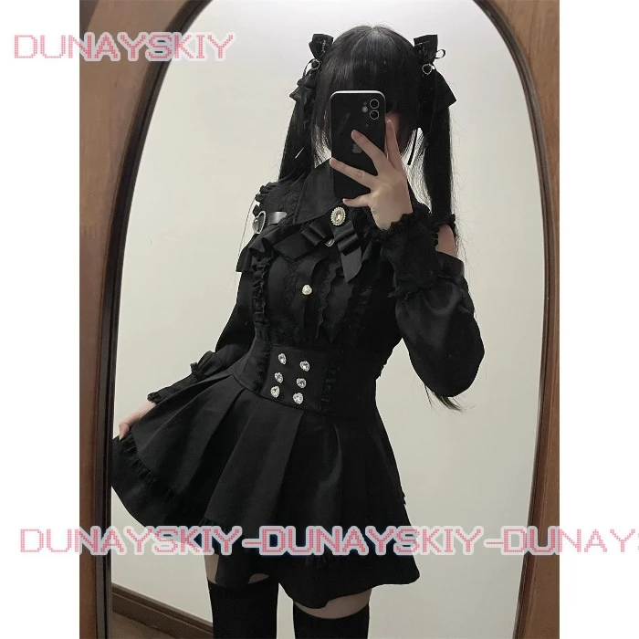 Jirai kei 복장 로리타 걸스 블라우스 탑 여성 긴 소매 셔츠 Kawii Bow 블랙 스커트 셔츠 Y2K Sweet Japanese Lady Style Set