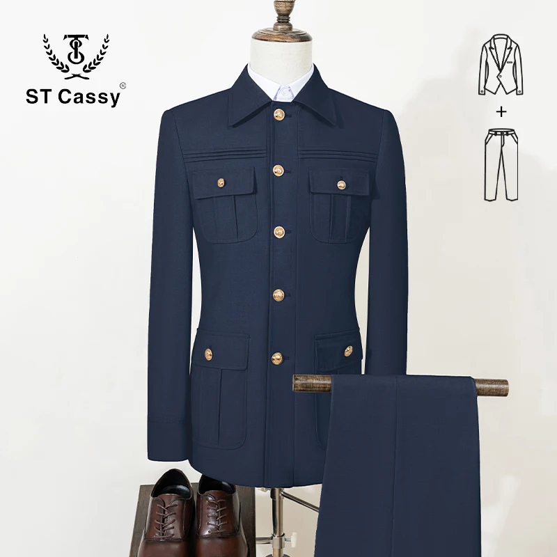ST Cassy 블루 우아한 남성 정장 클래식 피트 멀티 버클 멀티 포켓 솔리드 컬러 캐주얼 비즈니스 세트 남성용 2 피스 세트