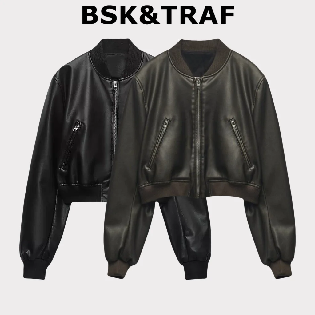 BSK&TRAF Hot Girl 스탠드 칼라 디스트레스드 인조 가죽 폭격기 재킷 2025 여성 패션 통근 가죽 재킷