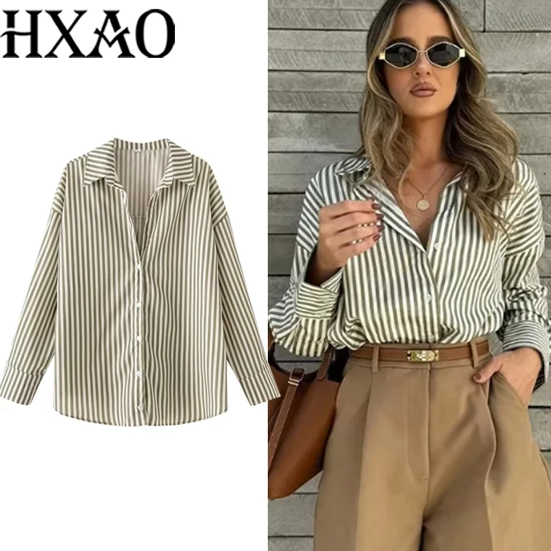HXAO 2025 셔츠 블라우스 새로운 긴 줄무늬 셔츠 여성 긴 소매 캐주얼 셔츠 대형 탑 여름 일반 버튼 업 셔츠 088