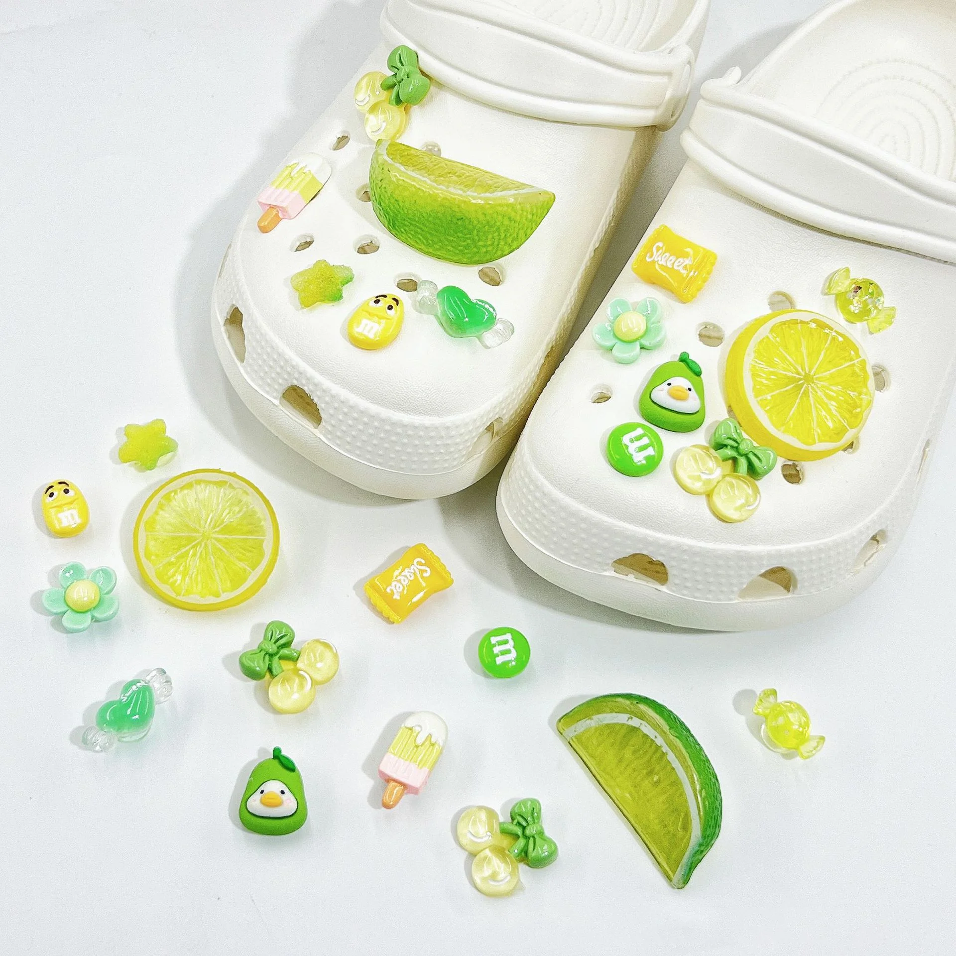 DIY 과일 레몬 세트 신발 참 장식, 클로그 슬라이드 샌들 정원 신발 장식 버클 비치 백 핀 남아 여아 선물