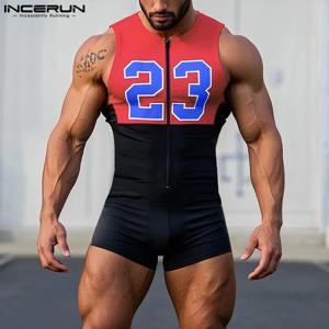 INCERUN 남성 바디 슈트 인쇄 패치 워크 지퍼 스키니 Playsuits 민소매 남성 Rompers 2025 운동 바디 슈트 남성 streetwear