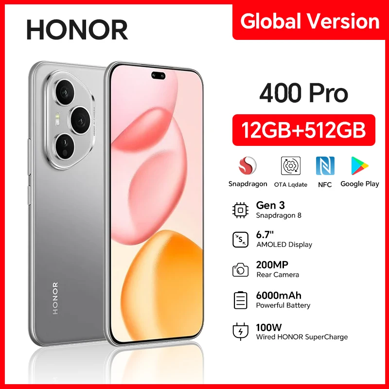 2025 새로운 HONOR 400 Pro 글로벌 버전 5G 스마트폰 200MP 카메라 스냅드래곤 8 Gen 3 6.7인치 AMOLED 스크린 100W 유선 50W 무선