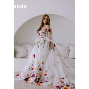 아만다 맞춤형 꽃 레이스 자수 Tulle Fabric 댄스 파티 드레스 분리형 기차 vestidos de fiesta A 라인 فستان حفلات الزفاف