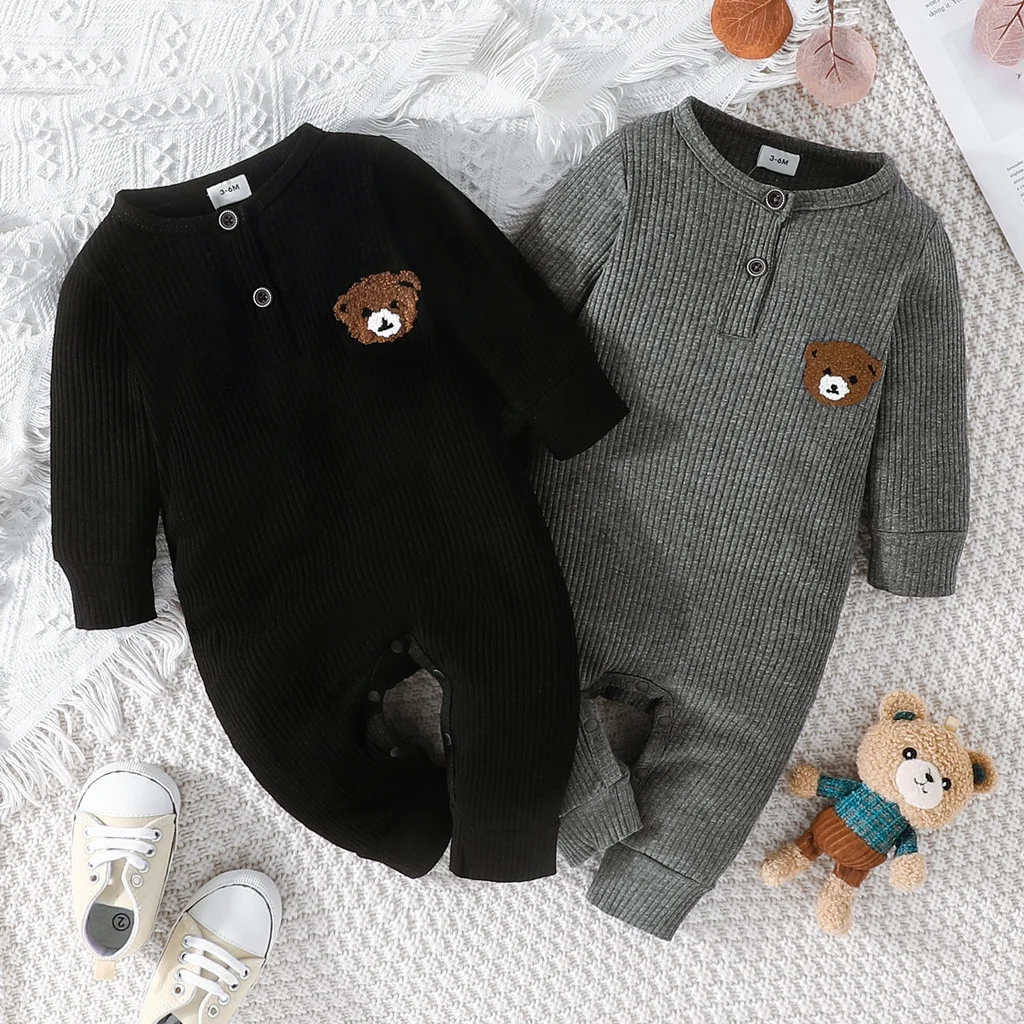 신생아 아기 옷 0 ~ 18 개월 만화 곰 아기 소년을위한 작은 단추 Onesies 긴 소매 유아 Romper 유아 점프 슈트