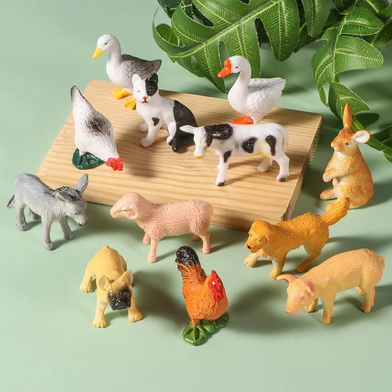12pcs 미니 농장 인형 현실적인 동물 모델 개 오리 수탉 돼지 양 고양이 액션 피규어 시뮬레이션 된 PVC 교육 장난감