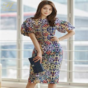H Han Queen 핫 세일 프린트 2 개 세트 여성 한국어 자른 탑 블라우스와 하이 웨이스트 외장 펜슬 Bodycon 스커트 Office Lady