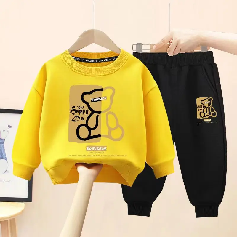 가을 아기 소녀 의류 세트 아이 소년 만화 곰 인쇄 운동복 풀오버 및 바지 2pcs 정장 어린이 상단 하단 Tracksuit