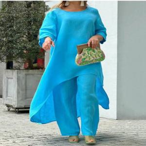 여성 코튼 린넨 긴 바지 세트 패션 솔리드 캐주얼 불규칙한 탑 넓은 다리 바지 정장 Office Lady Two Piece Sets Clothes