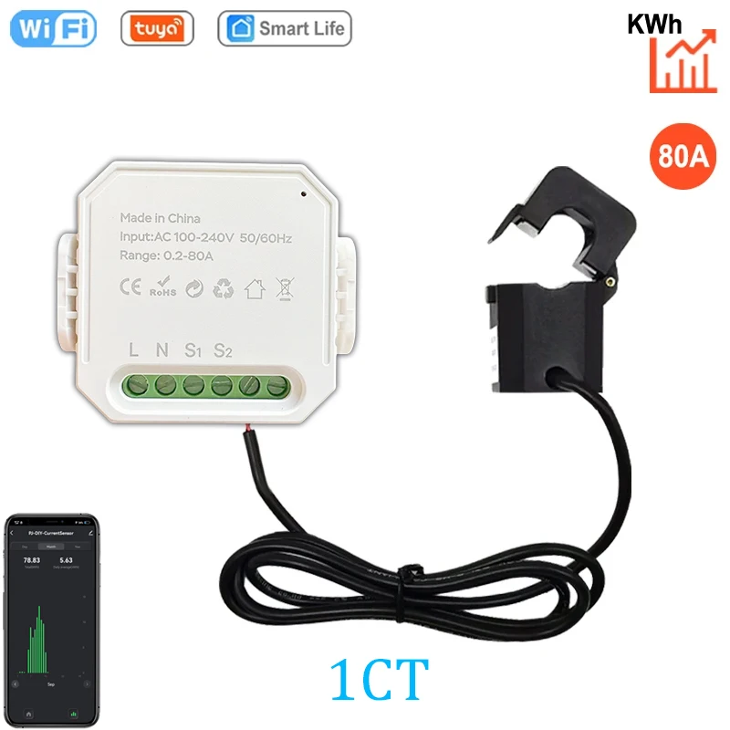 Tuya WIFI 스마트 에너지 미터 AC100-240V 1CT 클램프 App 제어 80A 전력 모니터 전기 통계 50/60Hz 지능형 생활