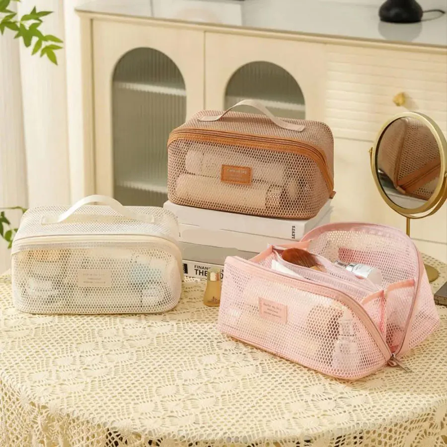 대용량 메쉬 휴대용 메이크업 가방 지퍼 다층 투명 메쉬 화장품 가방 주최자 케이스 광장