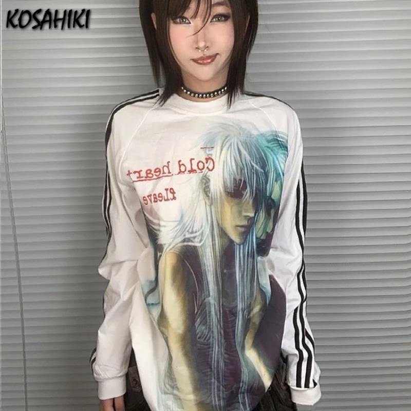 Y2k 미적 고딕 애니메이션 만화 프린트 빈티지 티셔츠 힙합 패치 워크 streetwear 탑 하라주쿠 드롭 숄더 캐주얼 티셔츠