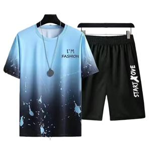 그라디언트 색상 편지 인쇄 된 남자 Tracksuit 여름 T 셔츠와 반바지 두 조각 세트 캐주얼 통기성 라운드 넥 스포츠 정장