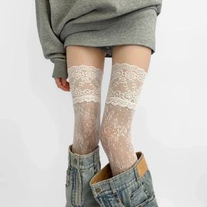 2025 여성 꽃 레이스 Fishnet 허벅지 높은 스타킹 일본식 JK 소녀 달콤한 레이스 트림 프릴 무릎 긴 양말