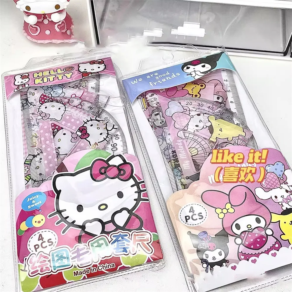 4 개/대 PVC 만화 귀여운 Kuromi 멜로디 삼각형 눈금자 교정 세트 학생 사무실 편지지 아이 측정 그리기 선물