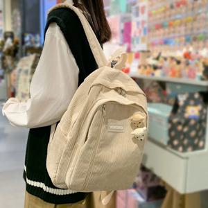 스트라이프 코듀로이 배낭 여성용, 십대 소녀 및 남아용 귀여운 책가방, 럭셔리 하라주쿠 여성 패션 가방, 학생 도서