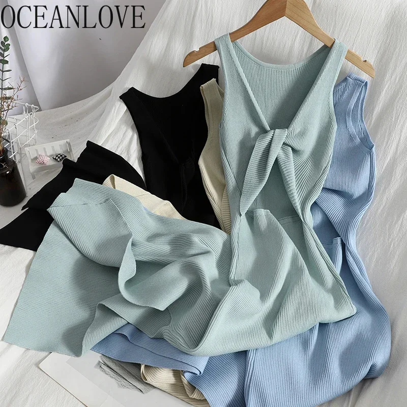 OCEANLOVE 한국어 니트 가운 Femme 여름 V 넥 민소매 Kink Hollow Out 섹시 슬림 Bodycon Dress Split Fork Long Vestidos