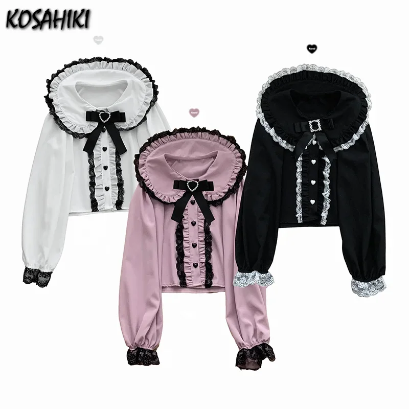 스위트 레이스 패치 워크 긴 소매 자르기 탑 블라우스 여성 일본 Y2k 하라주쿠 Camisas JK 보우 프릴 셔츠 2025 Kawaii Blusa Femme