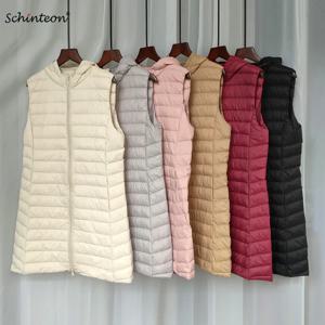 Schinteon 여성용 초경량 화이트 덕 다운 조끼, 민소매 재킷, 후드 포함, 단색 슬림 탑, 가을, 겨울, 2023 신상