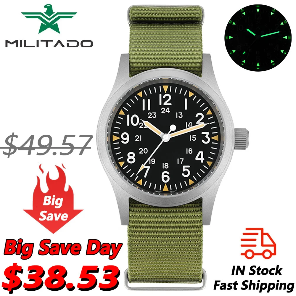 Militado ML05 빈티지 시계 VH31 스윕 2차 무브먼트 돔형 사파이어 크리스탈, 하이 클리어 AR 코팅 빛나는 38mm 시계