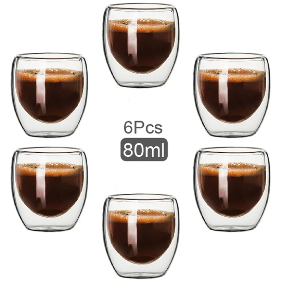 6pcs, 2.7OZ 크리 에이 티브 커피 컵, 높은 붕규산 이중층 에스프레소 유리 컵, 투명 음료 컵, 절연 워터 컵