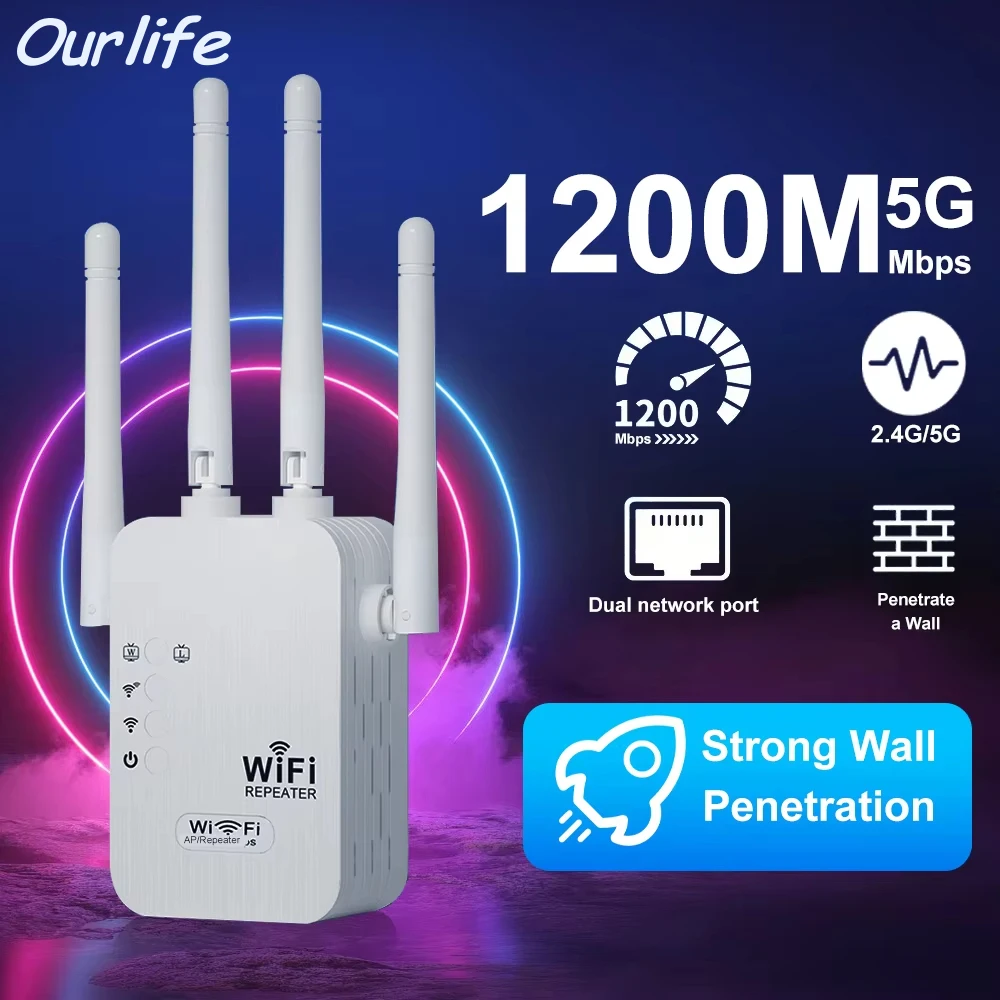 Ourlife 듀얼 네트워크 인터페이스 WiFi 리피터 신호 증폭기 라우터 네트워크 증폭기 소규모 사무실을위한 장거리 신호