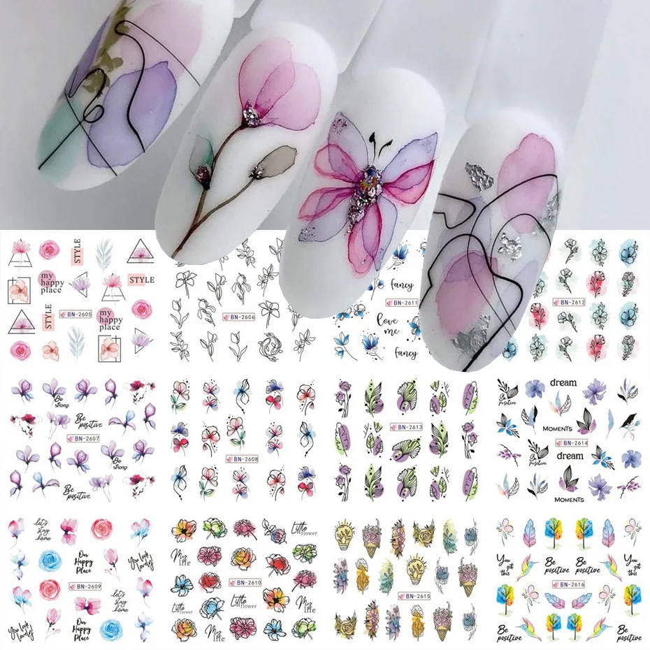 12 PCs 잉크 꽃 네일 아트 스티커 여름 물 데칼 피는 꽃 잎 낙서 슬라이더 네일 장식 포일 문신