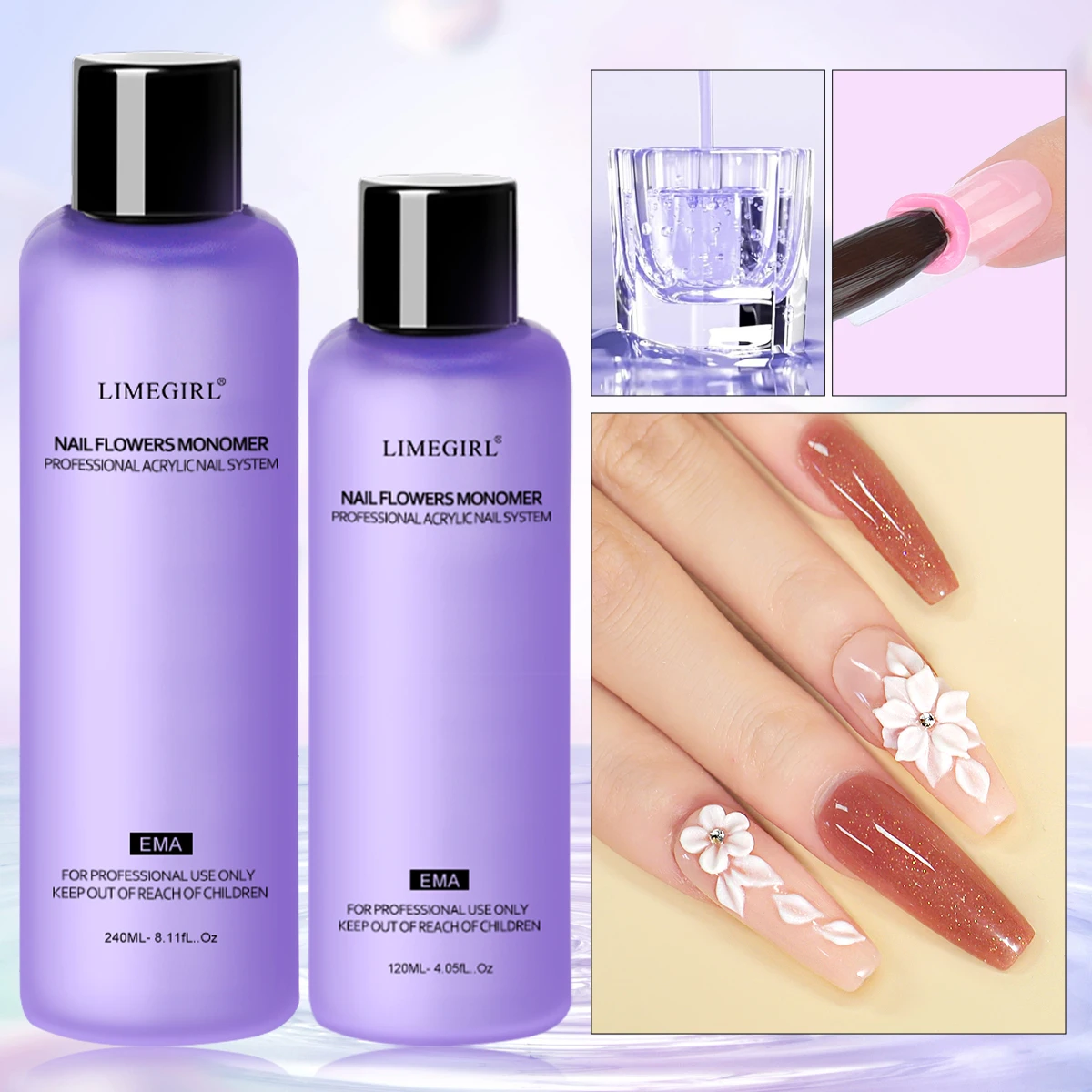 Limegirl 네일 아크릴 액체 모노머 크리스탈 40ml/75ml/120ml/240ml 네일 아트 아크릴 파우더 확장 전문 매니큐어