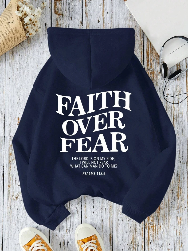 여성용 캐주얼 후드, Faith Over Fear 레터 프린팅 스웻셔츠, 따뜻한 편안한 포켓 풀오버, 가을 스트리트웨어