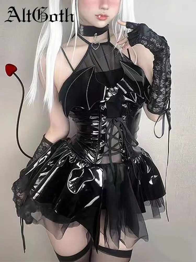 AltGoth 섹시한 코스프레 Pu 드레스 여성 하라주쿠 streetwear 그런지 붕대 속이 빈 박쥐 드레스 펑크 y2k e-girl 몰 고딕 옷