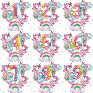 10pcs 유니콘 호일 풍선 세트 자리 1-9 마카롱 무지개 구름 풍선 베이비 샤워 웨딩 소녀 생일 파티 장식