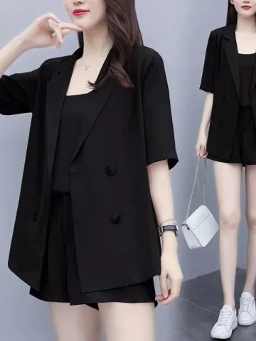 슬리밍 캐주얼 전문 한국 스타일 플러스 사이즈 반바지 정장 세트 플러스 사이즈 여성을위한 유행 여름 3 피스 양복