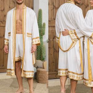 남성 가운 잠옷 바로크 스타일 프린트 기모노 새틴 Peignoire De Douche Homme 커플 목욕 가운 Nightwear 신랑 느슨한 가운