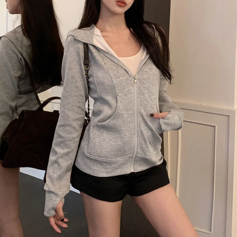 그레이 지퍼 후드 스웨트셔츠 여성 2025 신상 한국 슬림핏 가디건 긴팔 코트 여성 솔리드 포켓 스포츠 후드 재킷