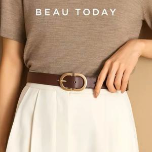 BEAUTODAY 여성용 진짜 암소 가죽 벨트, 금속 타원형 버클, 레트로 심플한 단색 청바지 드레스 허리띠, 수제 91012
