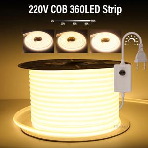 COB LED 스트립 220V 스위치/디밍 가능 전원 EU 플러그 360LED/m 3000k 6000k RA90 야외 정원 FOB LED 테이프 침실 주방 조명