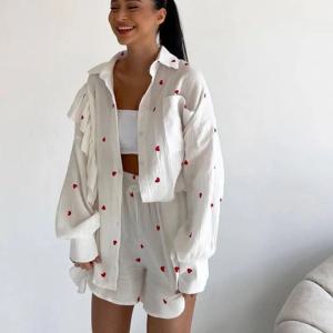 여성용 캐주얼 홈 웨어, 하트 모양 프린트 긴팔 상의, 반바지 세트, 루즈 라펠 셔츠, 코튼 잠옷, 여름