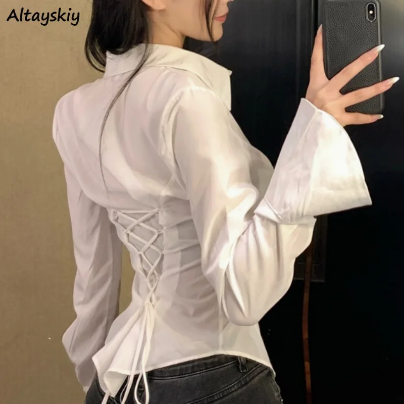 여성용 레이스업 셔츠, 니치 디자인, 긴 소매 용수철, 가을 의류, 섹시한 소녀 상의, 솔리드 시크 스트리트웨어, 패션 캐주얼