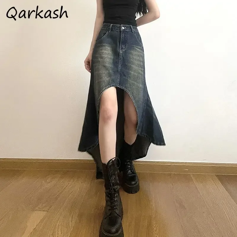 데님 여성용 워싱 레트로 미디 스커트, 불규칙한 디자인, 한국 유행 스트리트웨어, 힙스터 캐주얼 패션, 올매치 하이웨이스트