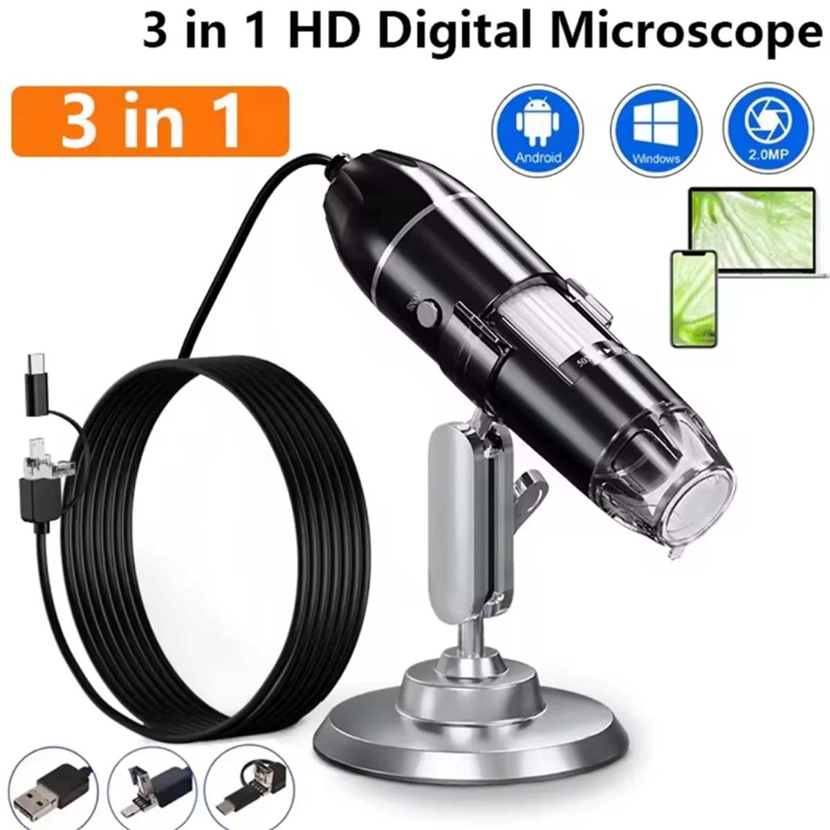1600X 3in 1 디지털 현미경 카메라 납땜 용 휴대용 전자 스캐너 LED 돋보기 Type-C USB 충전 돋보기