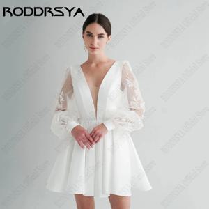 RODDRSYA 미니 A 라인 신부 파티 가운, 긴 퍼프 소매, 새틴 웨딩 원피스, V-넥 단추 드레스, 맞춤형 아플리케 미니 A라인 신부 파티 드레스 긴팔 스티커 화단 웨딩드레스 V넥 단추 조끼 맞춤
