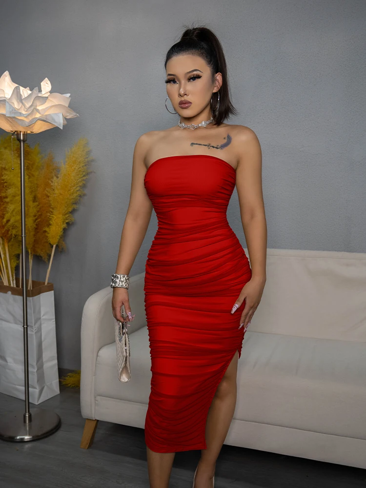 여성 여름 Strapless 섹시한 슬릿 Bobycon 드레스 어깨에서 높은 허리 셔링 드레스