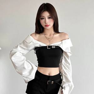 Y2K 슬래시 넥 셔츠 여성용, 크롭 패치워크 긴팔 블라우스, 한국 패션, 섹시한 오프 숄더 디자인, 크롭 탑