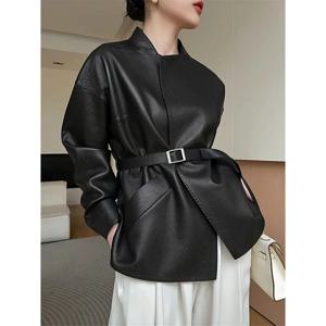 여성용 고급 PU 가죽 재킷, 한국 버전, 블랙 숏 벨트 가죽 코트, 4XL, 가을 용수철, 2025 신상