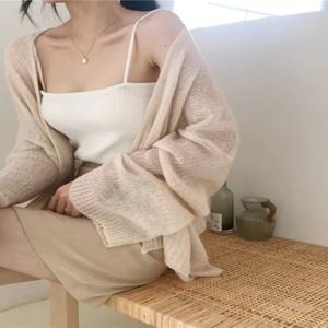 태양 보호 경량 니트 카디건 여성 여름 에어컨 스웨터 속이 빈 디자인 v 넥 긴 소매 탑