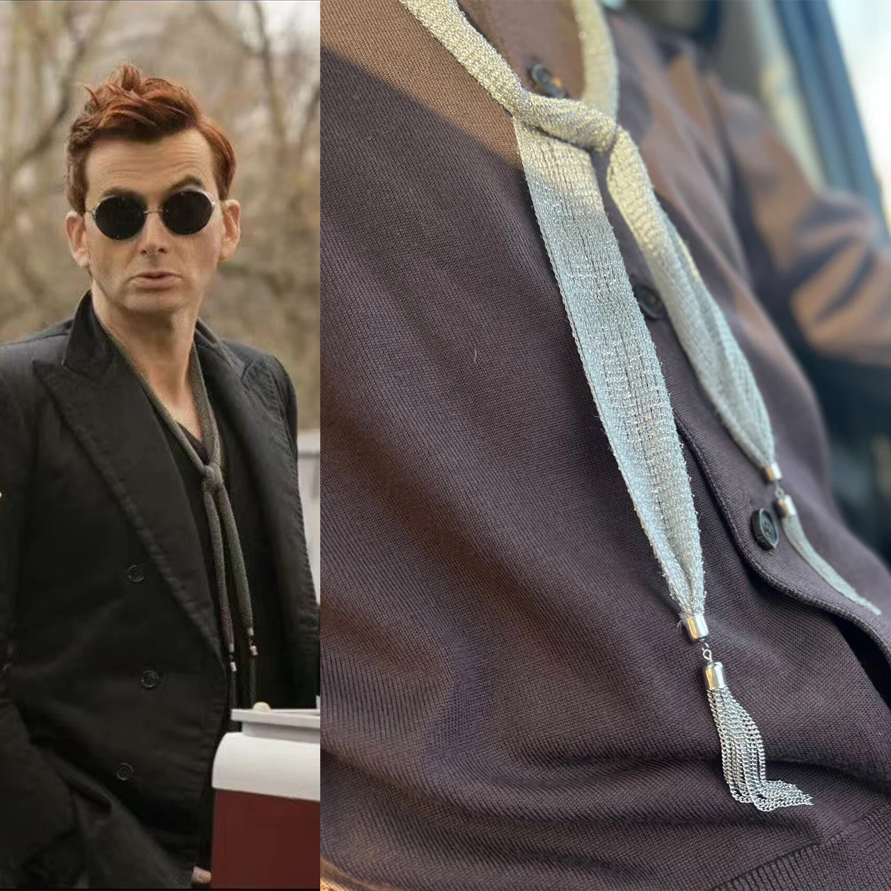 Good Omens Crowley 코스프레 실버 타이 스카프 David Tennant 오리지널 JK 타이 넥타이 액세서리 할로윈 파티 소품 선물