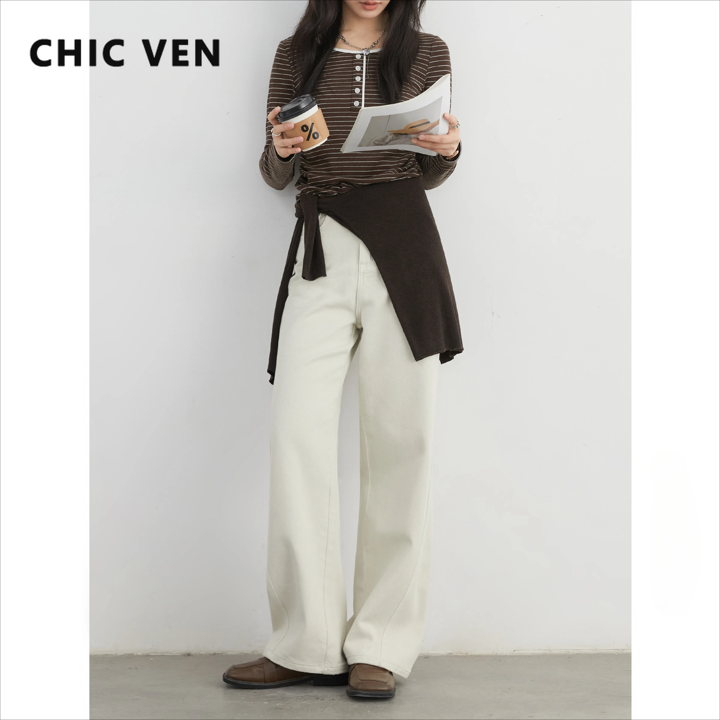 CHIC VEN 여성 데님 바지 하이 웨이스트 코튼 능직 여성 흰색 청바지 슬림 와이드 레그 팬츠 롱 팬츠 봄 가을 2024