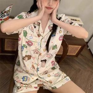 여름 짧은 소매 만화 연필 스케치 넨 드로이드 홈 의류 여성용 투피스 세트 귀여운 학생 잠옷 스위트 스타일