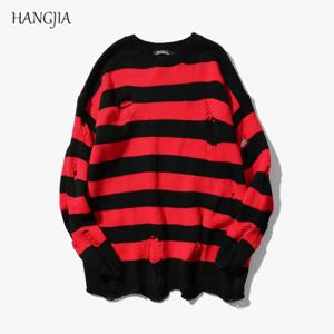 블랙 레드 스트라이프 스웨터 씻어 찢어진 스웨터 남자 구멍 니트 점퍼 남자 여자 대형 스웨터 하라주쿠