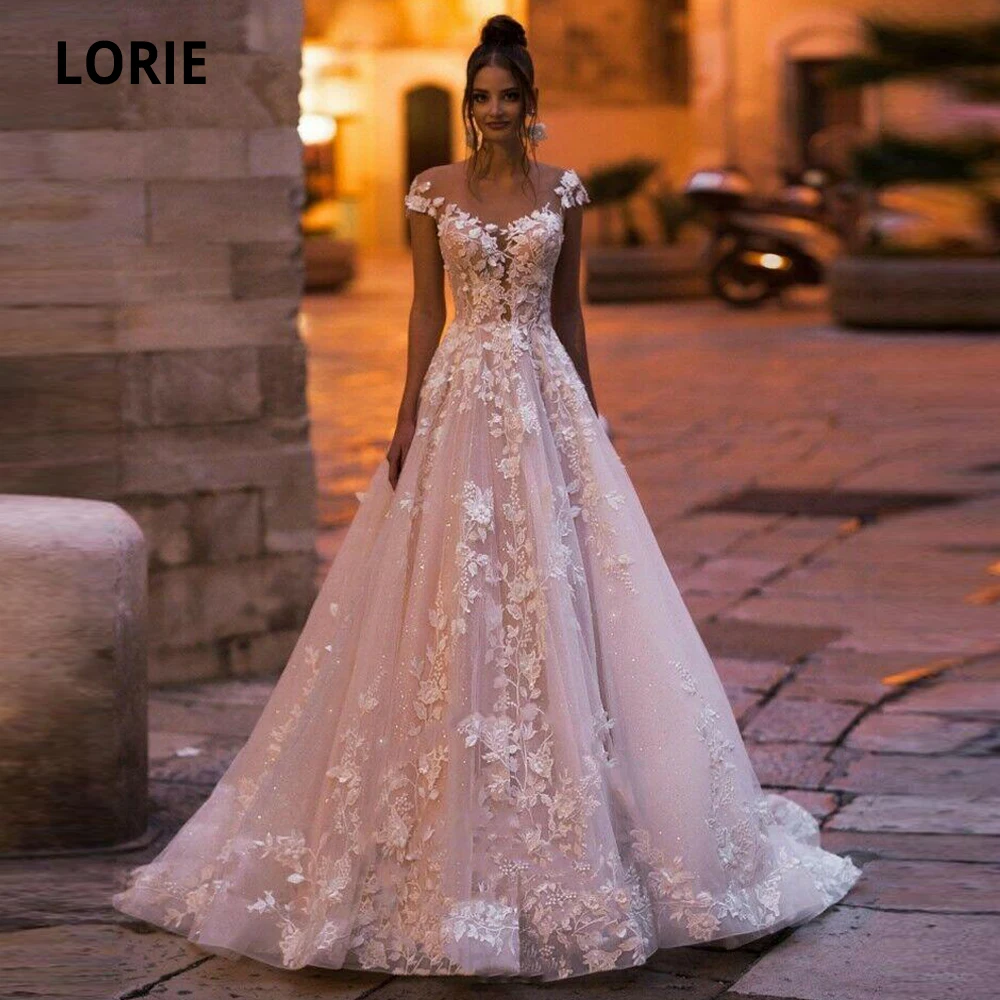 LORIE 보헤미아 웨딩 드레스, 라이트 핑크 V 넥, 3D 꽃 아플리케, 레이스 신부 가운, 단추 비치 보호 웨딩 원피스, 맞춤형